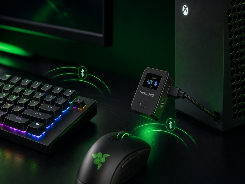 NexusHID BLE to USB adapter plugged into Xbox, showing connected keyboard and mouse status on its display